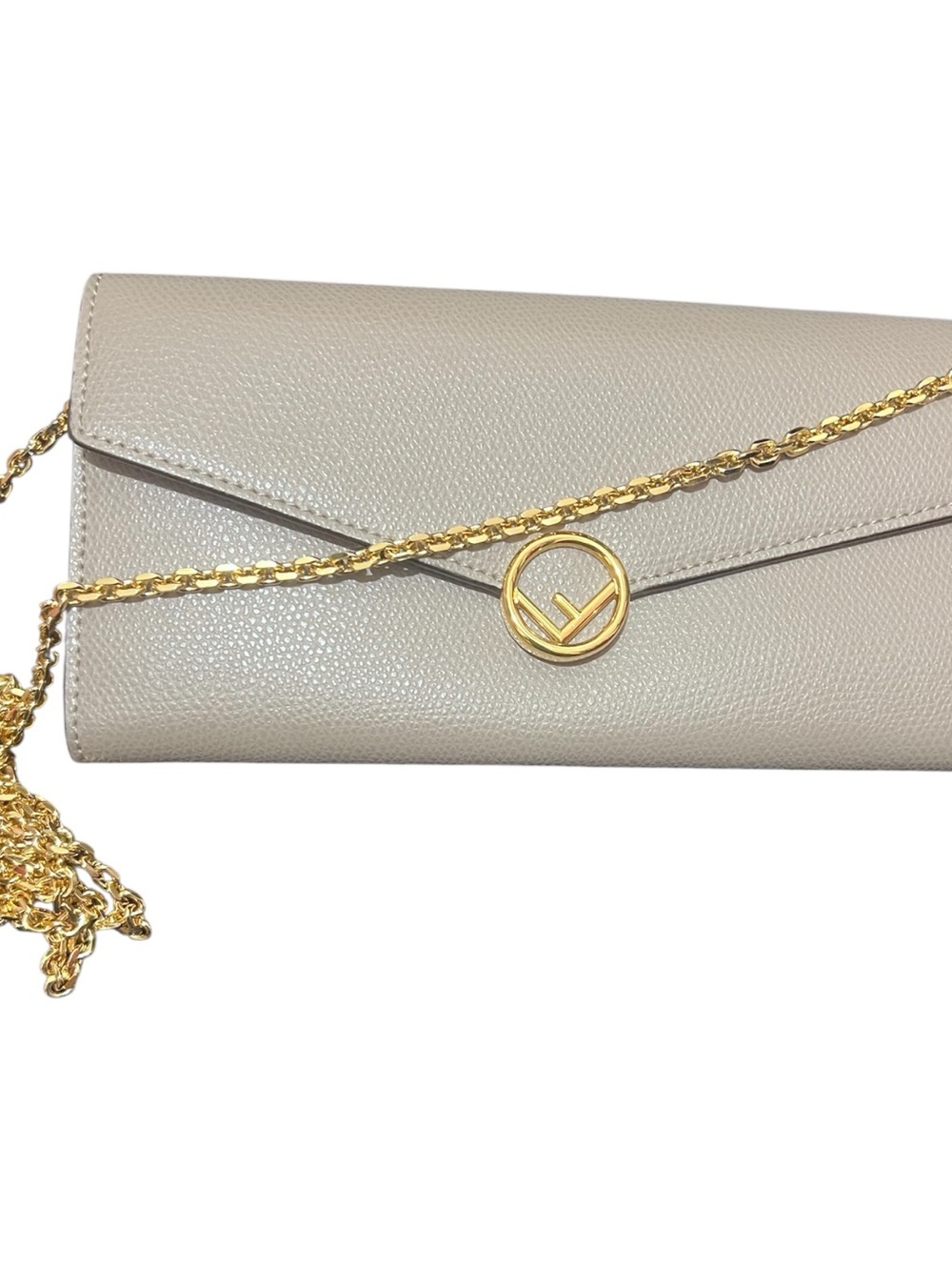 Fendi Cream Leather Envelope Clutch with Gold Chain and Logo